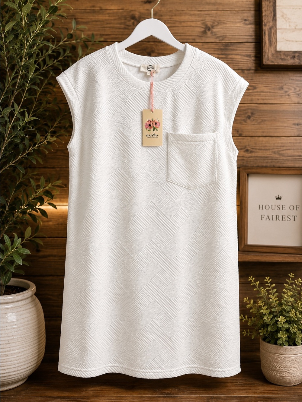 Entro White Textured Shift Dress 2X Cap Sleeve Pocket NWT Boutique